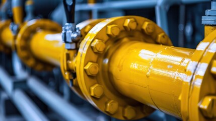 Gas pipes oil energy. Yellow gas pipeline energy equipment. Fuel power technology. Safety valve in gas pipe industry - obrazy, fototapety, plakaty