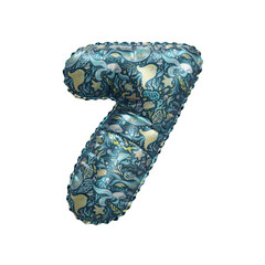 3D inflated balloon Number 7 with blue colored sea life themed children pattern