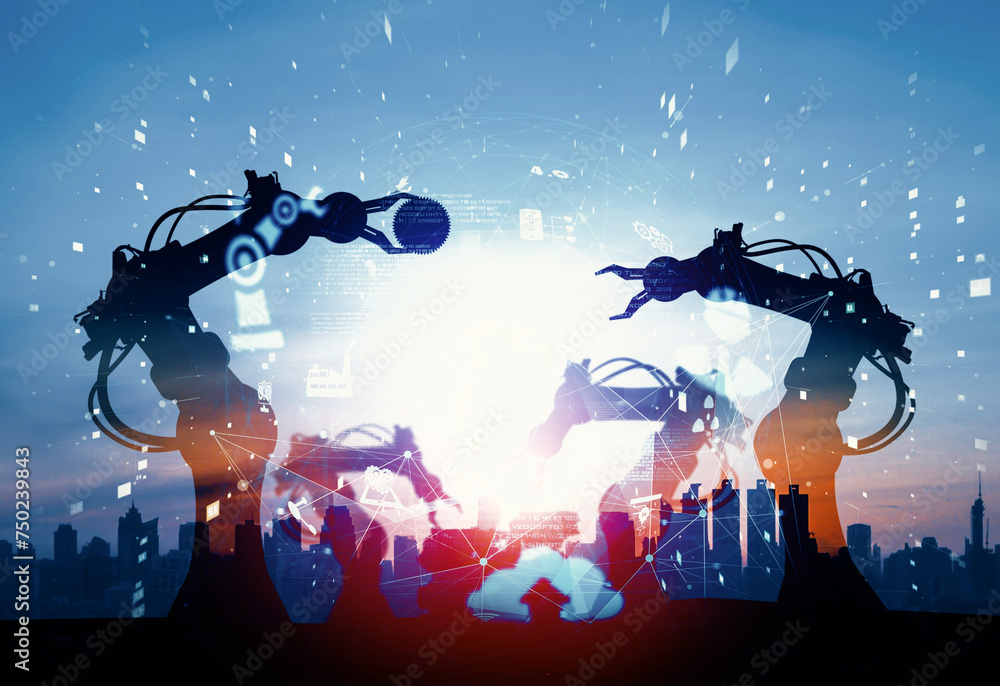 Poster xai mechanized industry of future factory double exposure image. concept of robotics technology for 