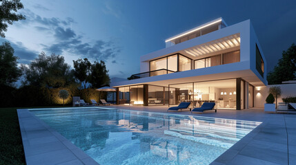 Swimming pool and illuminated modern house exterior against the sky. Generative Ai