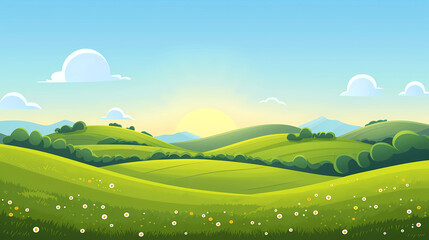Fototapeta premium Green fields landscape with mountain and blue sky background.