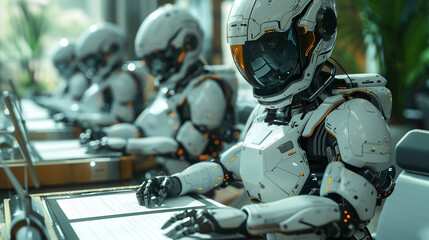 Robots at work, robots in the office, robots busy in a row