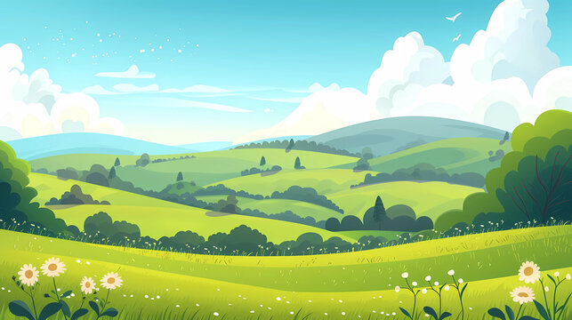 Green fields landscape with mountain and blue sky background.