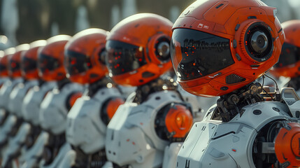 Robots at work, robots in the office, robots busy in a row