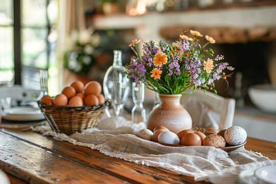Easter celebration table with eggs and spring flowers. Home interior with festive decor. Rustic style. Decoration for family celebration