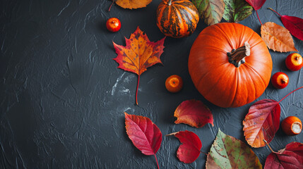 Beautiful thanksgiving and Autumn decoration concept made from autumn leaves pumpkin . Generative Ai