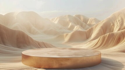 A unique eco-friendly backdrop is formed by an abstract desert landscape podium for showcasing products.