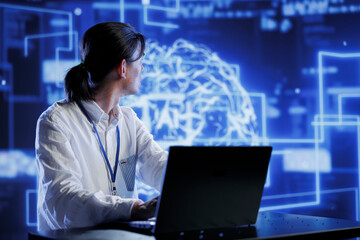 Qualified developer in data center using artificial intelligence computing simulating human brain...