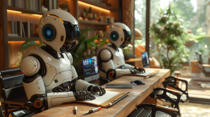 Robots at work, robots in the office, robots busy in a row