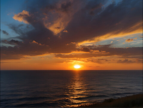 This image captures the dramatic skies and the setting sun reflecting over the ocean horizon