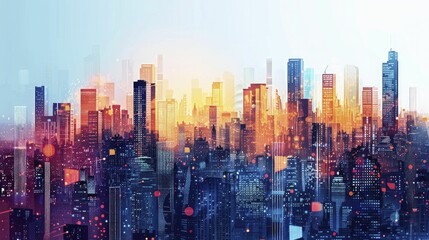 Modern stage set by abstract urban skyline with stylized buildings, ideal for showcasing tech products.