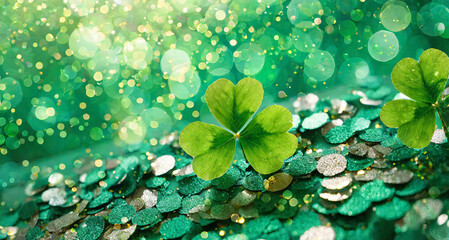 St. Patrick's Day clover confetti with green bokeh with brown and green coin on the ground.