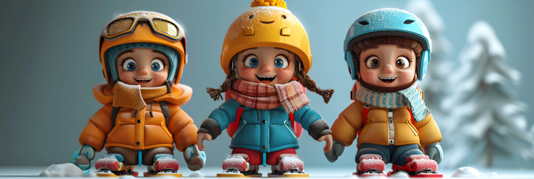 A 3D animated cartoon render of a trio of excited children with helmets and skates.