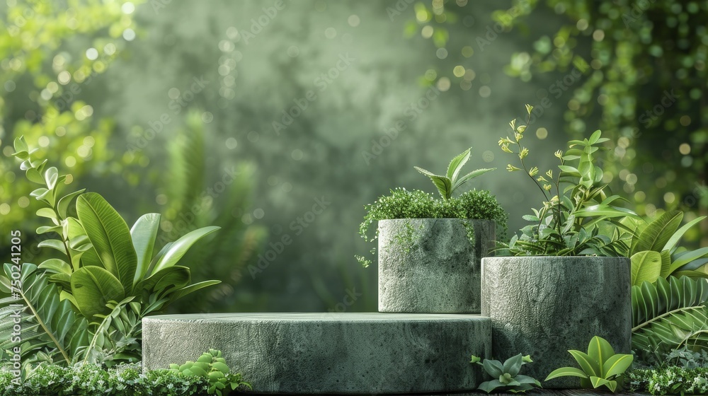 Poster Eco-friendly abstract greenery scene with recycled podiums for sustainable products.