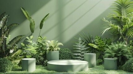 An eco-friendly scene features recycled podiums amidst lush greenery promoting sustainable products.