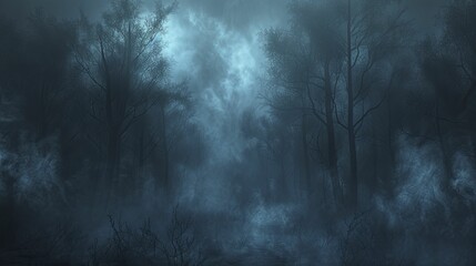 Explore the eerie, fog-covered haunted forest for Halloween items and spooky merchandise. - obrazy, fototapety, plakaty