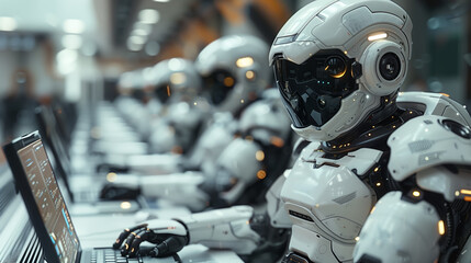 Fototapeta premium Robots at work, robots in the office, robots busy in a row
