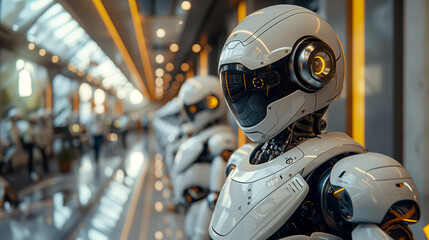 Fototapeta premium Robots at work, robots in the office, robots busy in a row