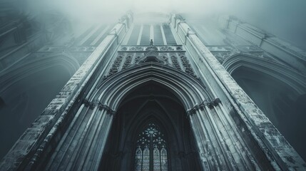 Naklejka premium Dramatic stage set by Gothic abstract cathedral arches elevates luxury fashion presentation.