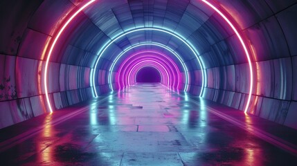 Neon abstract tunnel with central podium, drawing focus to cutting edge designs.