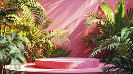 Vibrant abstract tropical scene featuring lush podium, perfect for summer product launches.