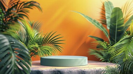 Vibrant tropical setting, rich with lush podium, perfect for summer product launches.