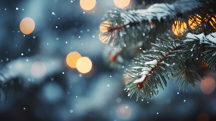 Green Christmas tree branches in snow background