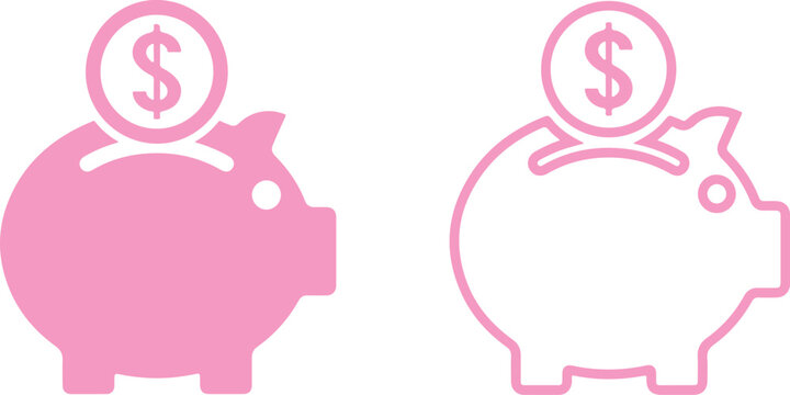 Icon set about piggy bank, piggbank, saving, money, savings, coin. Pink color. Thin line icons, flat vector illustrations. Isolated on white, transparent background	
