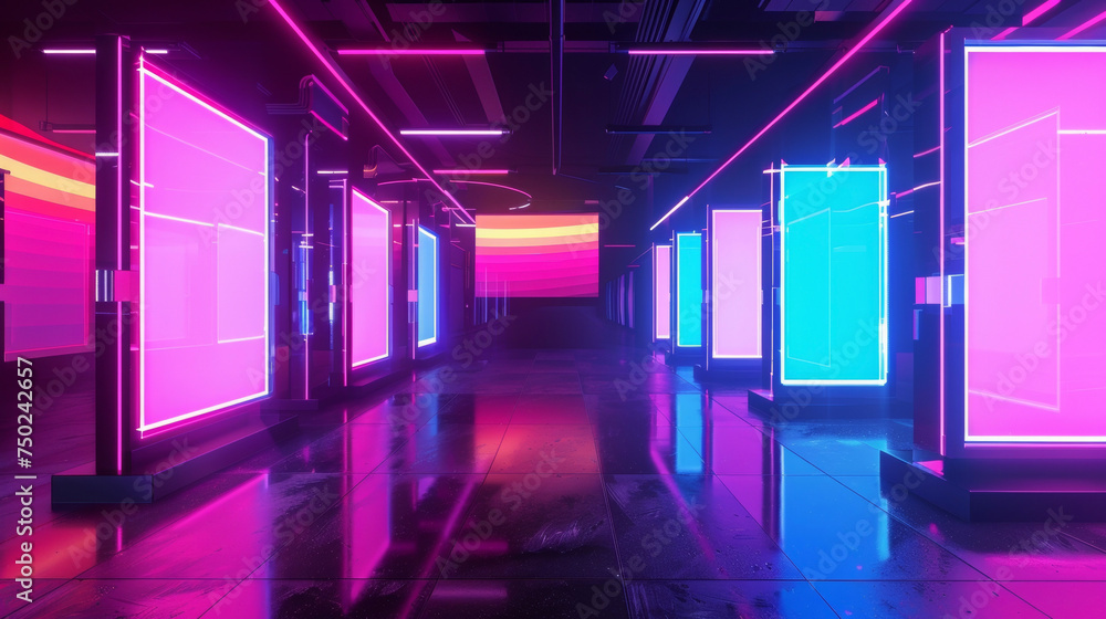 Poster a collection of neon lights and digital billboards in a futuristic setting symbolizing the modernity