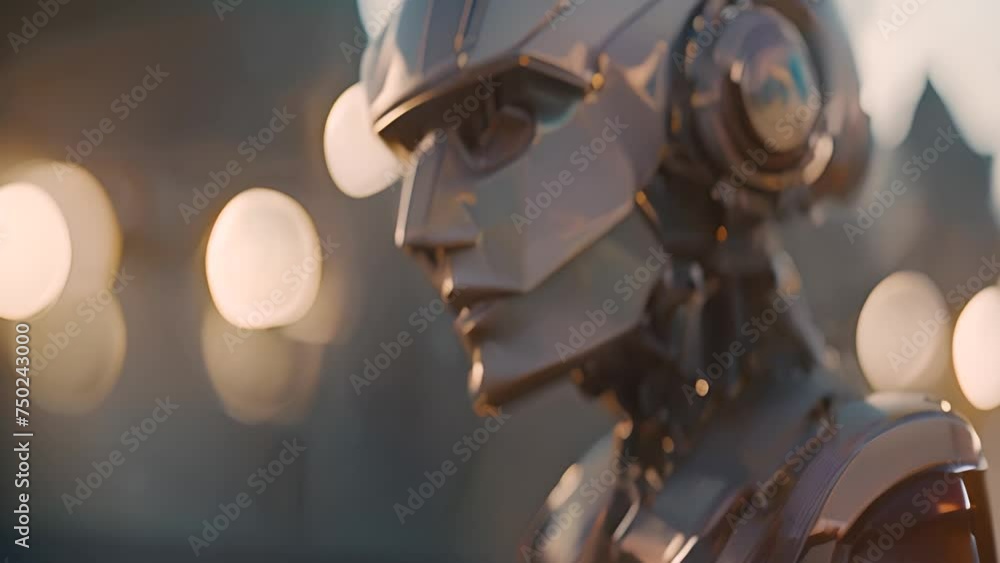 Poster close up of a robot with background lights generative ai