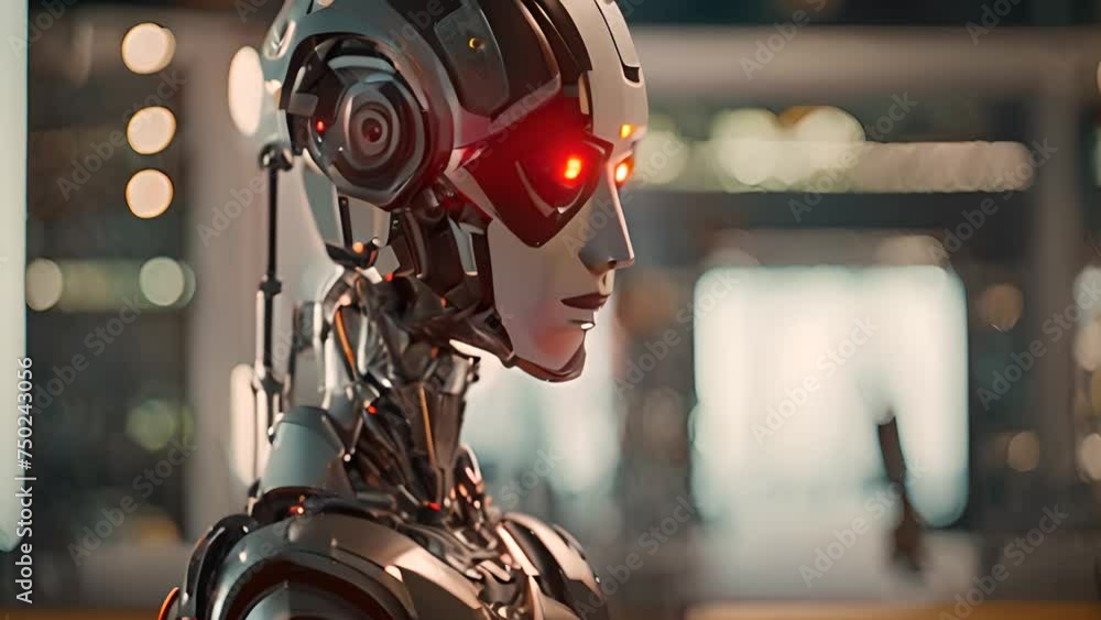 Poster robot with glowing eyes in front of building generative ai