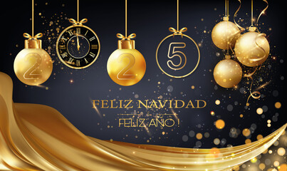 tarjeta o diadema para desear una Feliz Navidad y un Próspero Año Nuevo 2025 en dorado y negro que consta de adornos navideños y un reloj debajo de una cortina dorada de círculos con efecto bokeh sobr - 750243011