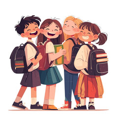 Group Mixed Race Pupils with Backpacks Walking with PNG Image Vector Illustration