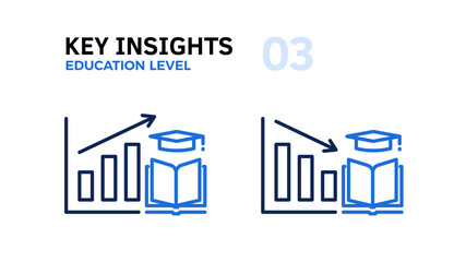 Education Level Trends Analysis: Graphs Going Up and Down with an Arrow and a Book and Academic Hat Thin Line Icon, Vector Illustrations of Population Learning Achievement and Literacy Graphics