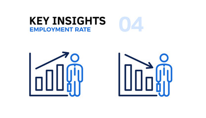 Employment and Unemployment Rate Trends Analysis: Graphs Going Up and Down with an Arrow and a Man in Suit with Work Bag Thin Line Icon, Vector Illustrations of Labor Market Graphic and Economy