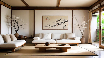 Wabi-Sabi interior of living room.Japanese minimalism and simplicity philosophy style.
Generative AI