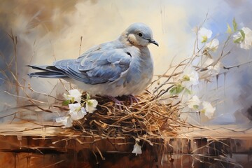 Beautiful dove in the nest oil painting with Generative AI