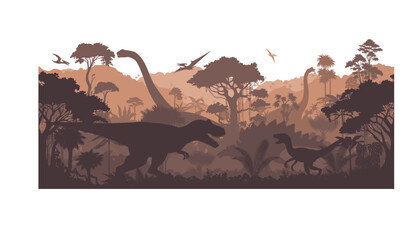 Vector prehistoric seamless jungle background with dinosaurs: Tyrannosaurus, utahraptor,  stegosaurus, brontosaurus and pterodactyl