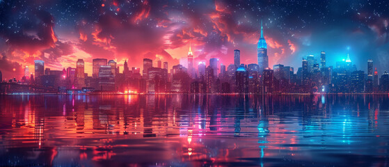 Breathtaking twilight cityscape with starry night and dramatic clouds reflecting over water