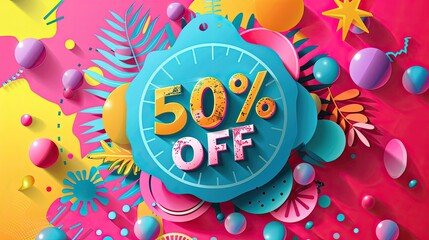 An image full of summer sale vibes with a playful 50% off tag surrounded by fun decorations, evoking happiness and the thrill of seasonal shopping