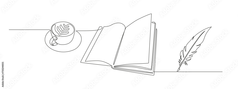 Aufkleber one continuous line drawing of bird feather with book and coffee. writer and poetry symbol logo in s