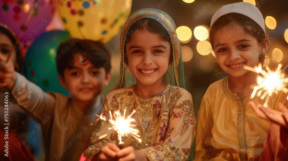 Poster a group of children playing with colorful balloons and sparklers adding to the festive atmosphere of