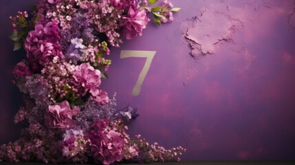 number 7 and flowers on a purple background. birthday invitation card. spring and holiday. - obrazy, fototapety, plakaty