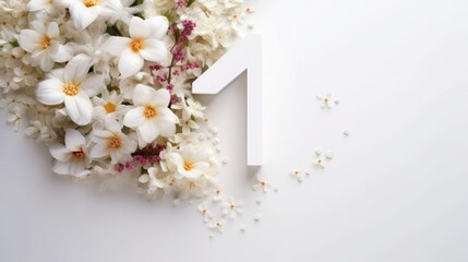 number 1 and flowers on a white background. birthday invitation card. spring and holiday.