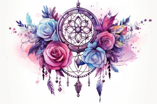Watercolor dream catcher in boho style with flowers. magic and enchantment. decorative element on a white background