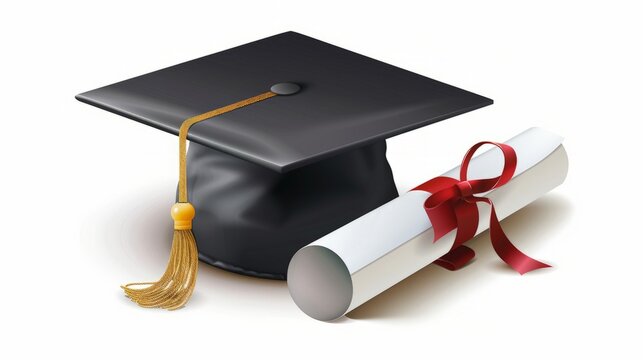 Realistic graduation cap and diploma scroll isolated on white background. Academic hat with tassel and university degree certificate. Vector illustration for announcement, banner, poster, flyer, ad.