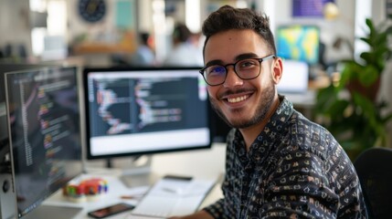 Smiling young programmer staring straight at camera while sitting at his desk