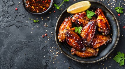 Sticky honey-soy chicken wings on plate over dark stone background. Top view, flat lay, close up - obrazy, fototapety, plakaty