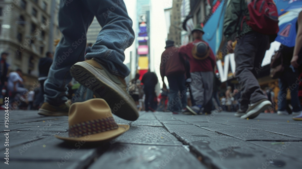Poster a duo of breakdancers showing off their impressive moves on a busy sidewalk with a hat on the ground