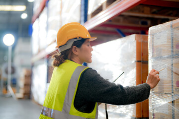 operation worker woman checking and inspecting cargo for stack items for shipping. Staff checking...